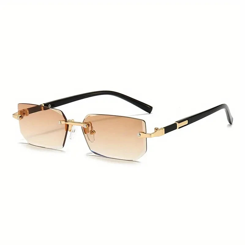Lunettes rectangulaires sans monture avec quincaillerie dorée et verres teintés brun