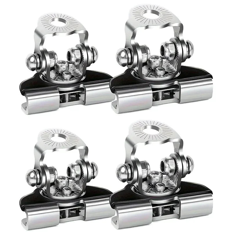 A pair of universal stainless steel LED work light mounting brackets shown in various angles.