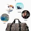 A leopard print travel tote bag with shoulder straps shown alongside images of yoga, seaside, and fitness activities.