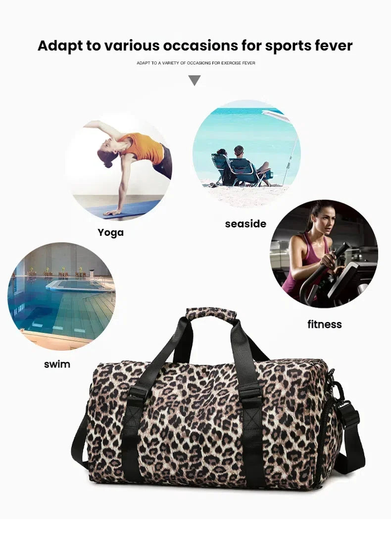 A leopard print travel tote bag with shoulder straps shown alongside images of yoga, seaside, and fitness activities.