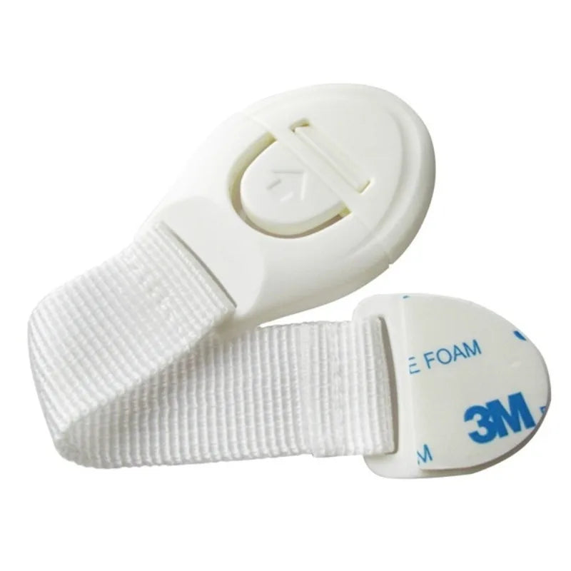 White adhesive baby proofing latch for drawers and cupboards, part of a child safety cabinet lock set.