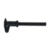 A black plastic vernier caliper tool used for measuring inside, outside, depth, and step dimensions.