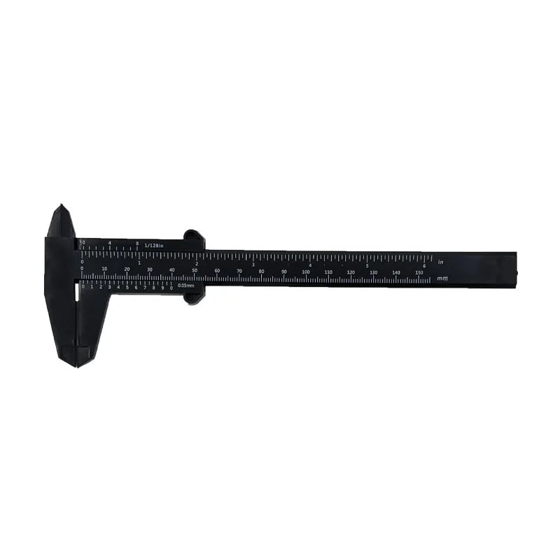 A black plastic vernier caliper tool used for measuring inside, outside, depth, and step dimensions.