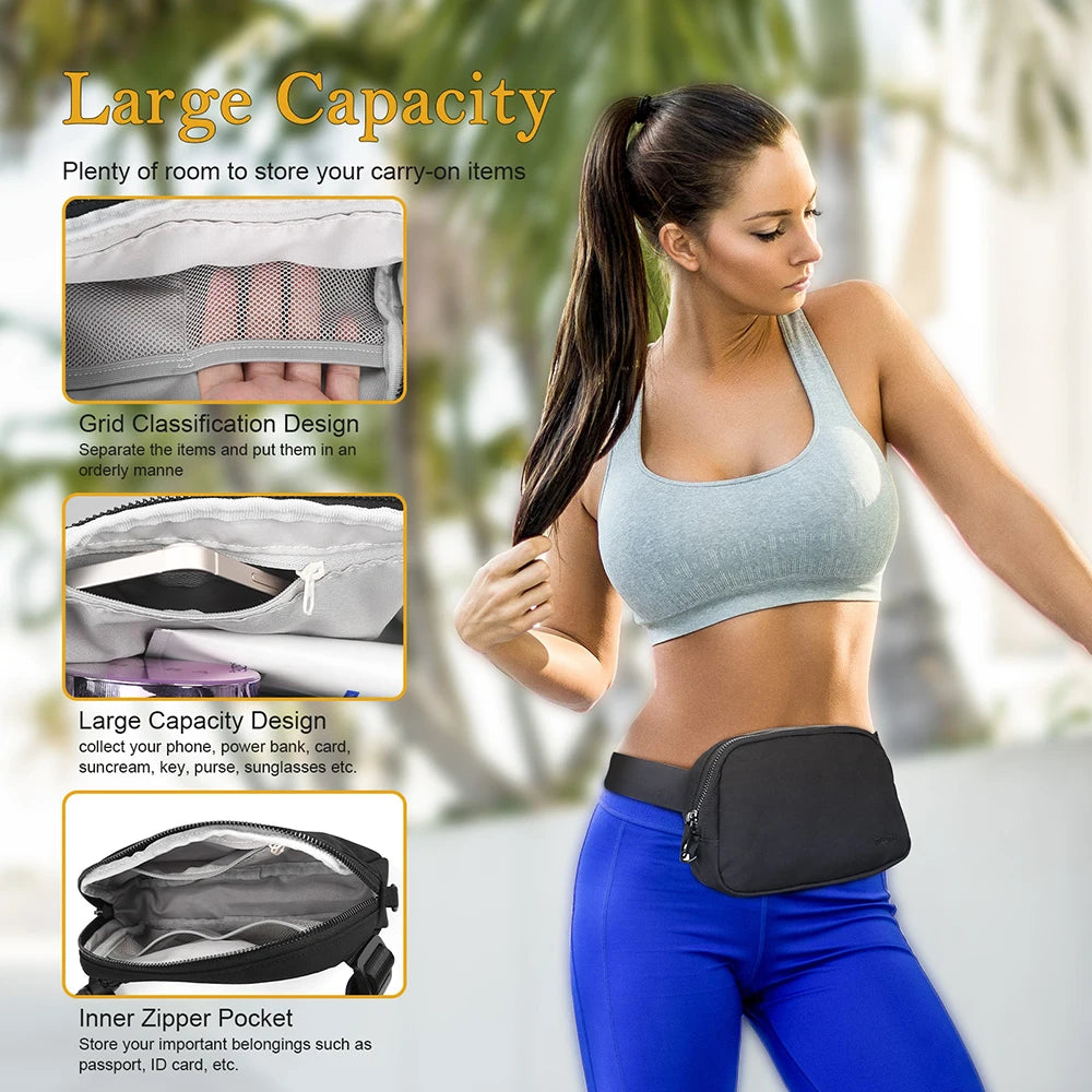 A woman is shown wearing a gray adjustable nylon waist pack with an inner zipper pocket and a separate phone pocket.