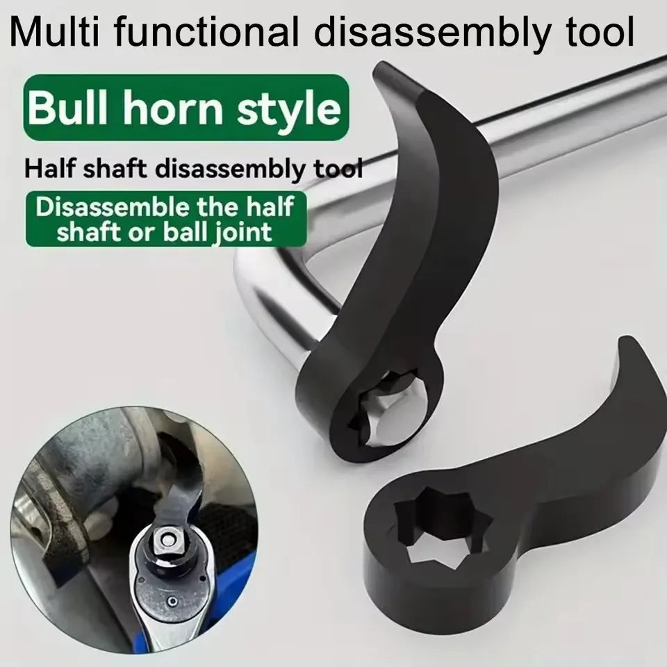 A black half shaft disassembly tool for a bull horn style control arm, shown with a close-up view.