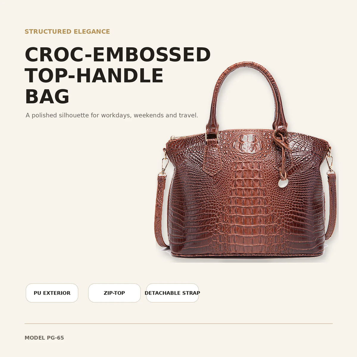 Vintage Croc-Embossed Structured Satchel Handbag