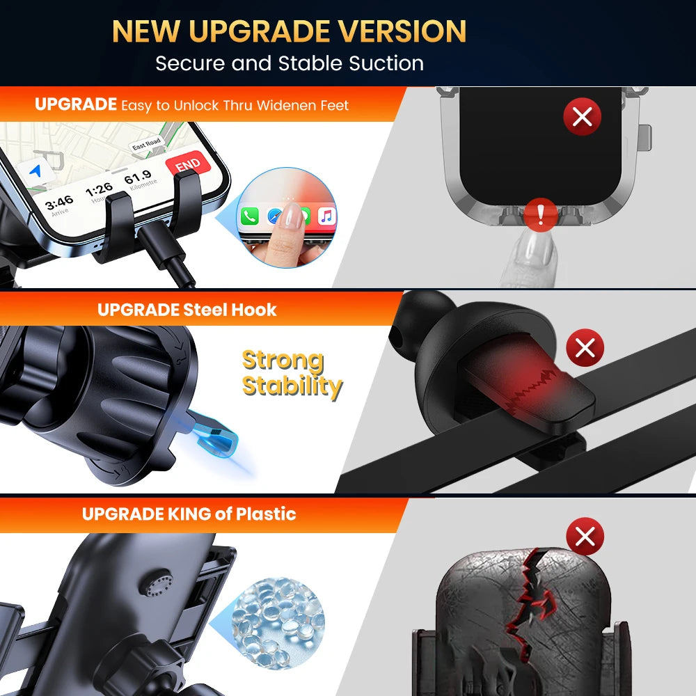 Upgrade version of a stable car phone mount featuring a secure suction mechanism and a steel hook for strong stability.