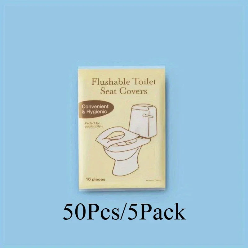 A package of 10 disposable flushable toilet seat covers for public toilets.