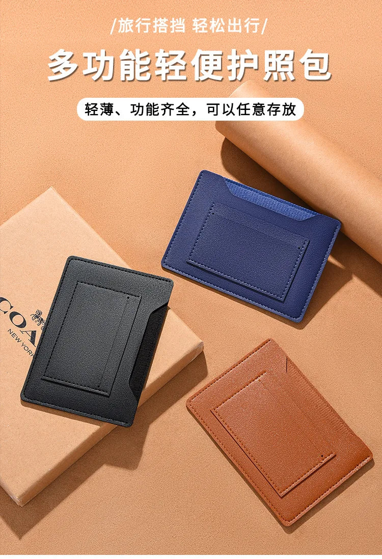 A set of three ultra-thin passport holders in black, navy blue, and brown leather or synthetic material displayed on a beige 