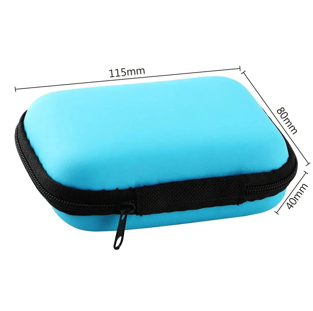 Light blue portable organizer pouch with a black zipper and dimensions marked.