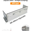 A silver ceramic tile glue scraper with a square tooth design and adjustable length, shown next to a scale.