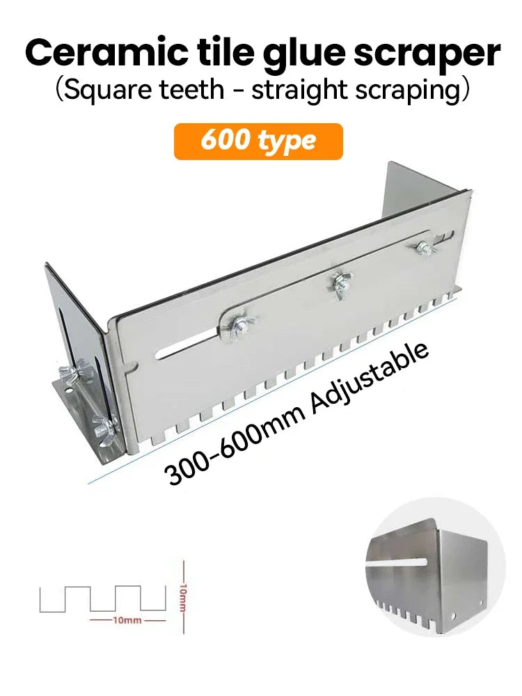 A silver ceramic tile glue scraper with a square tooth design and adjustable length, shown next to a scale.