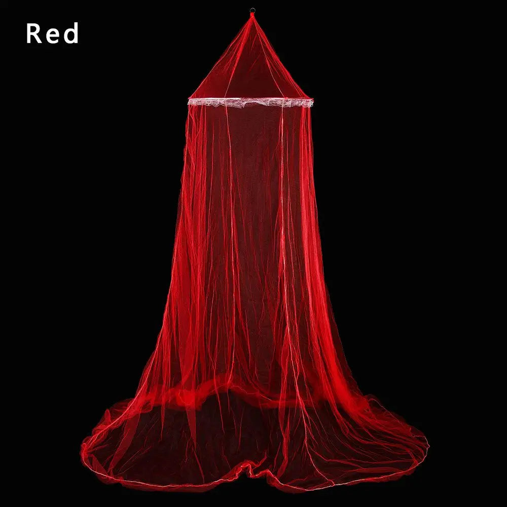 A red elegant lace canopy mosquito net draped in a conical shape.