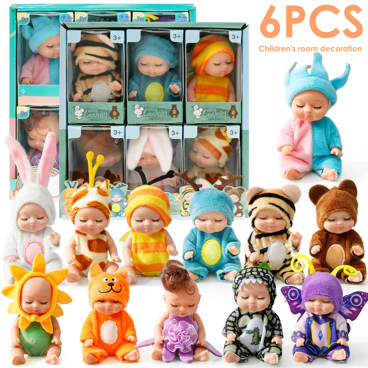A collection of six mini reborn baby dolls with various outfits and accessories displayed in a box.