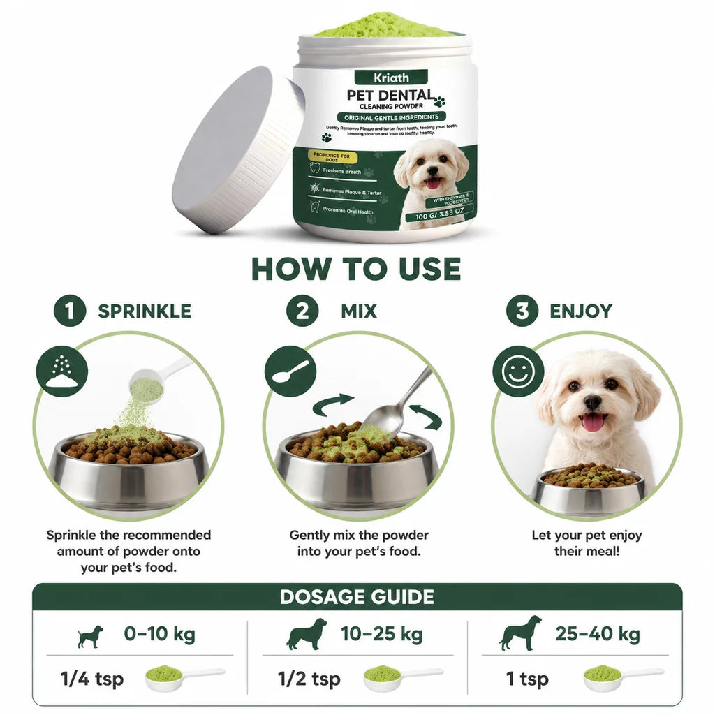 Jar of Kriath Pet Dental Cleaning Powder with usage instructions and dosage guide