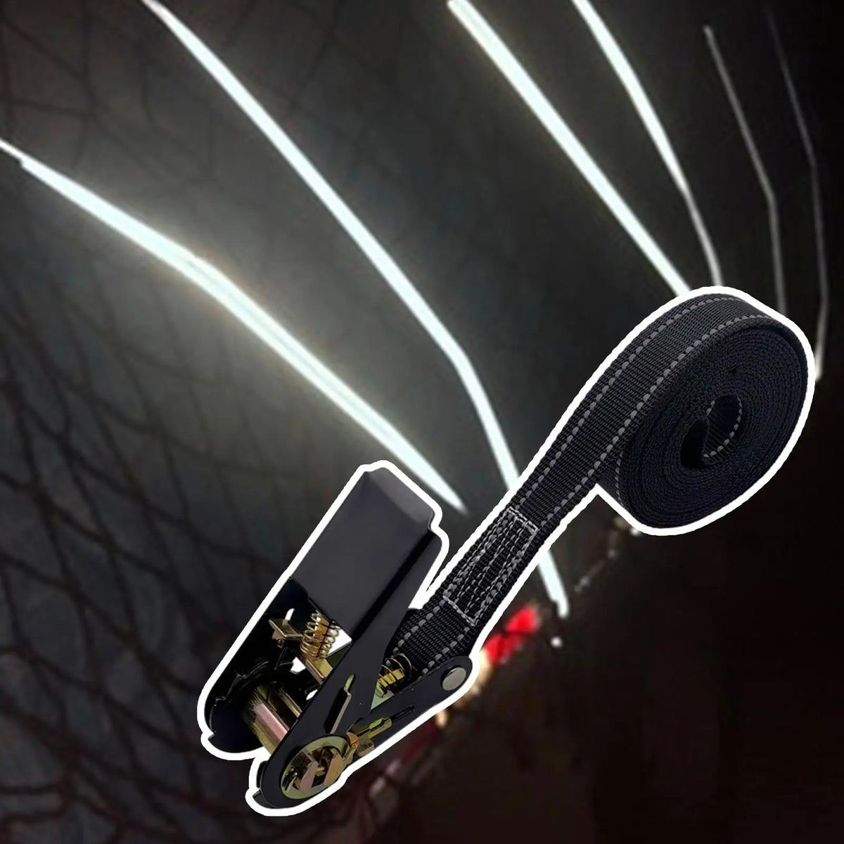 A close-up view of heavy duty ratchet tie down straps with a black strap and metal hardware against a dark background.