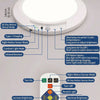 A white ceiling light with various functions including motion sensing, light adjustment, and timer controls.