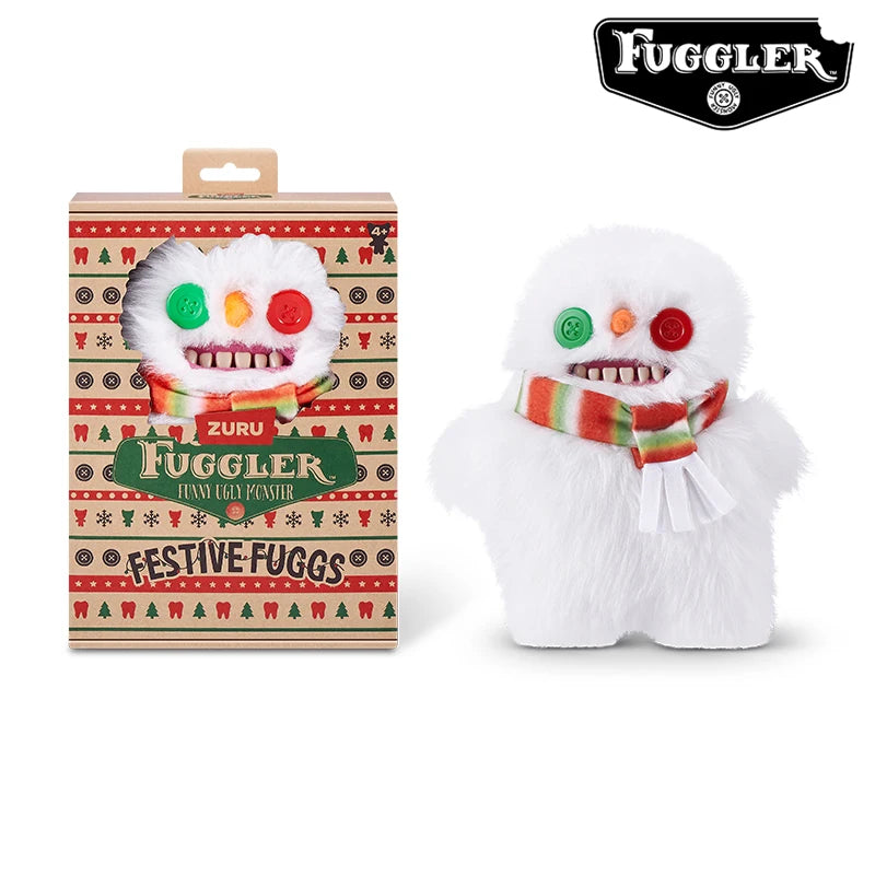 A white Fuggler Ugly Monster plush toy with funny teeth and a festive ribbon.