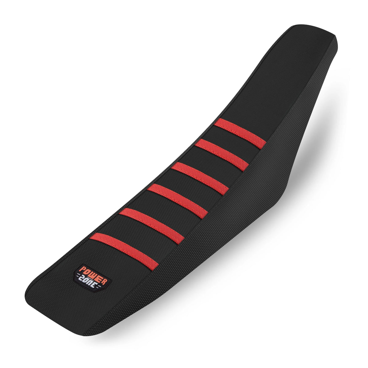 Black motorcycle seat cover with red stripes and a Power Zone logo