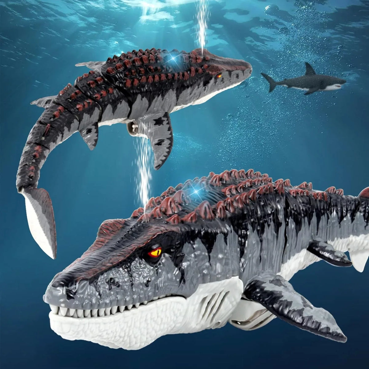 A realistic model of a Mosasaurus water spray boat is shown underwater with a shark nearby.
