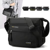 Black men's water-resistant nylon crossbody sling bag shown with multiple color options.
