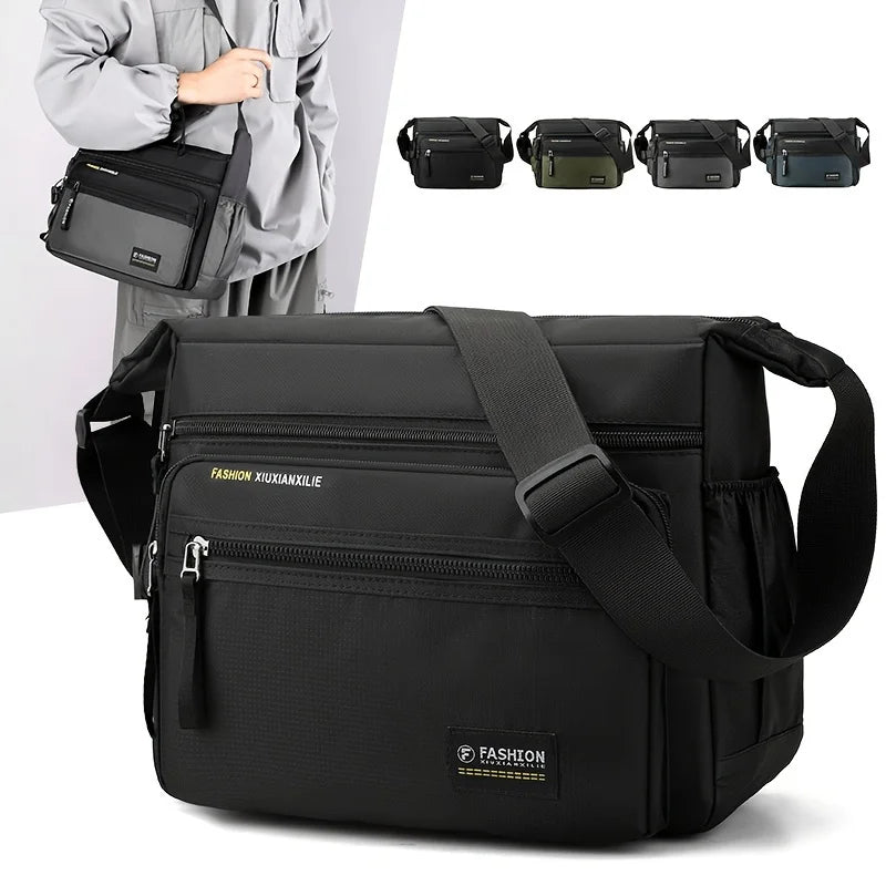 Black men's water-resistant nylon crossbody sling bag shown with multiple color options.