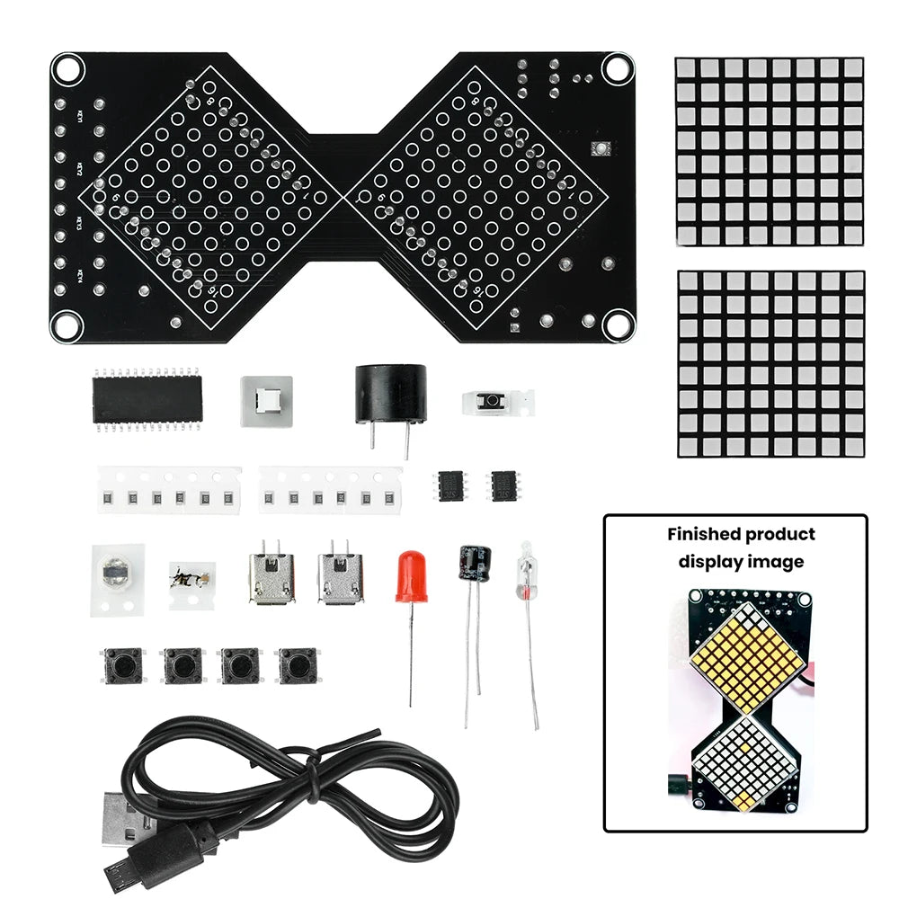 A soldering kit for an LED matrix digital hourglass display featuring two grids of LEDs on a black circuit board.