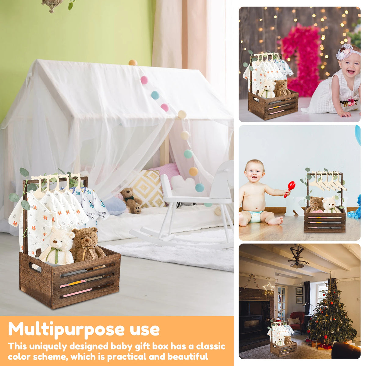 A wooden storage crate with a long handle used for organizing baby toys and clothing.