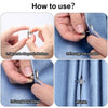 Step-by-step guide showing how to use magnetic curtain clips with detachable buttons for fastening fabric.