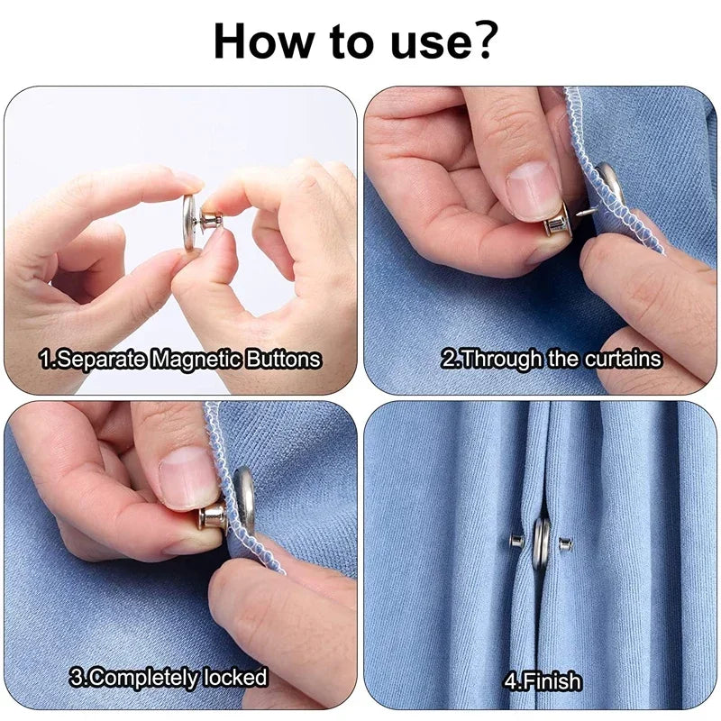 Step-by-step guide showing how to use magnetic curtain clips with detachable buttons for fastening fabric.