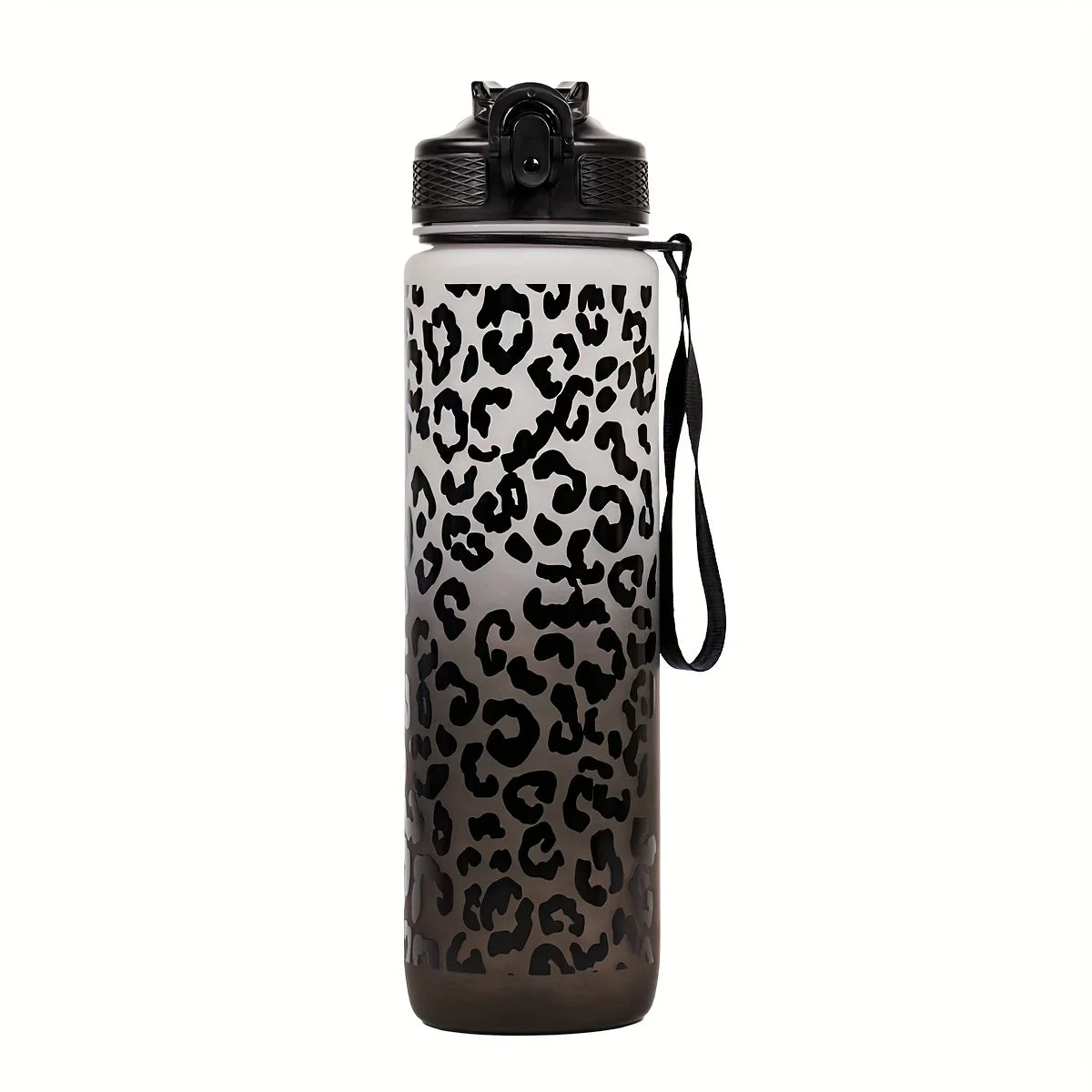 Schwarze Sportflasche mit Leopardenmuster und schwarzem Deckel.