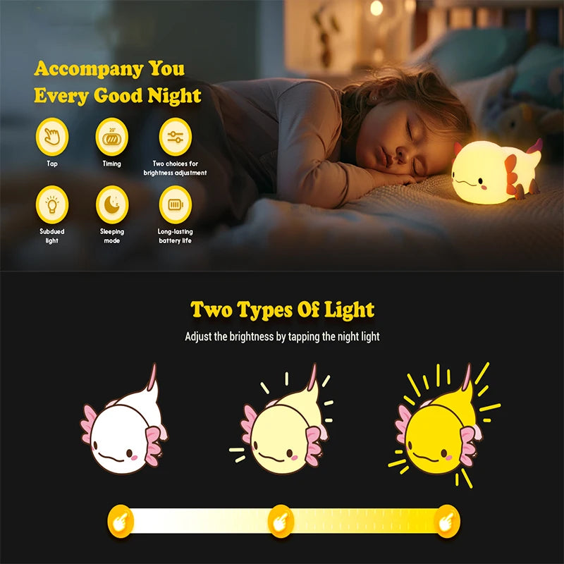 A cute axolotl night light is shown illuminating a sleeping child, with diagrams illustrating brightness adjustment features.
