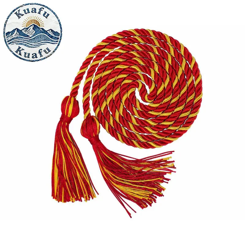 Red and yellow graduation honor cords with tassels forming a spiral design.