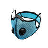 A blue reusable dust mask with black trim and a mesh filter.