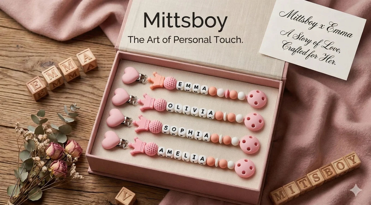 A box of personalized baby pacifier clips featuring names like Emma, Olivia, and Sophia, displayed on a wooden surface.