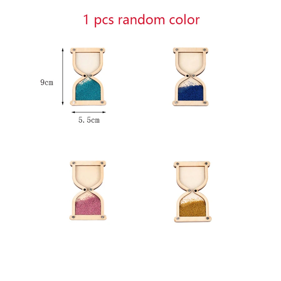 A set of four wooden Montessori busy board parts showing different random colors like teal, blue, pink, and gold.