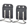 A black clip-on tool belt holster with metal clips for securing drills and power tools.