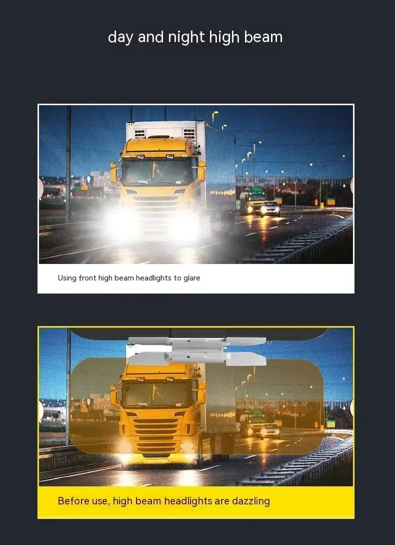 A yellow truck with high beam headlights glaring on a road at night.