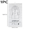 A white hanging vacuum storage bag for clothing, shaped like a jacket, with various garment icons below.