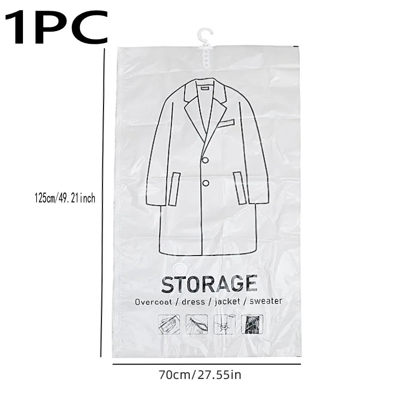 A white hanging vacuum storage bag for clothing, shaped like a jacket, with various garment icons below.