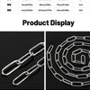 Close-up display of various sizes of stainless steel chains for jewelry or crafting.