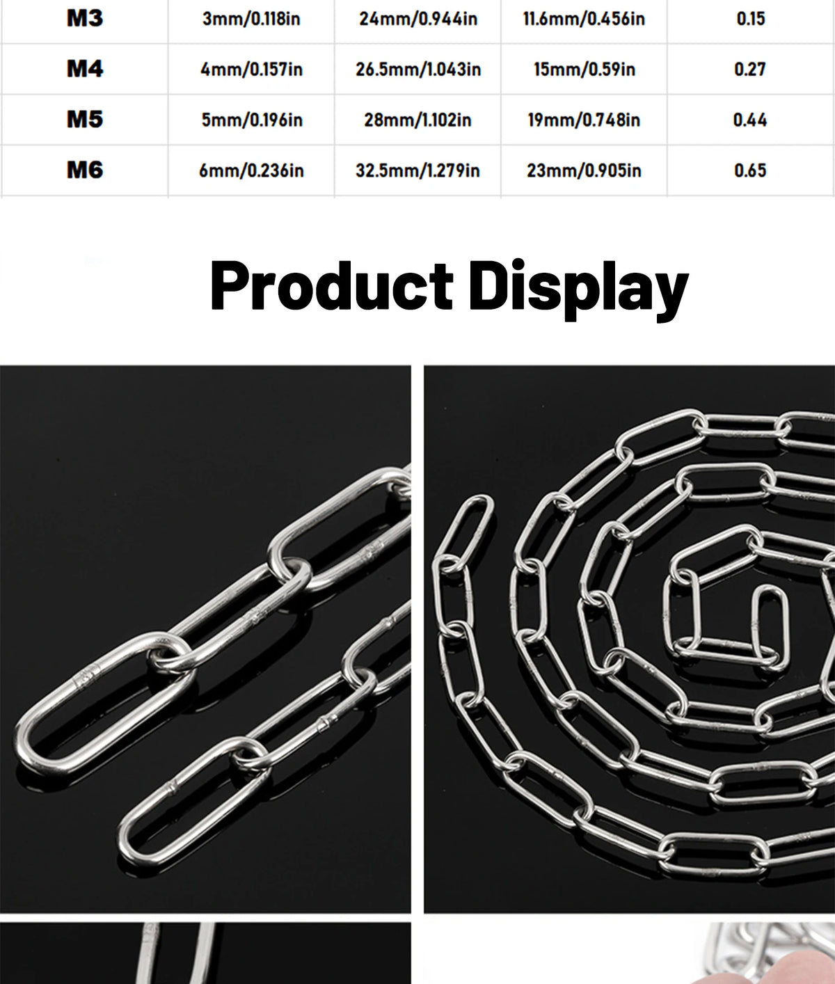 Close-up display of various sizes of stainless steel chains for jewelry or crafting.