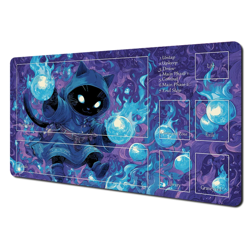 Fantasy card playmat featuring a dark creature design with purple and blue flames and various labeled zones.