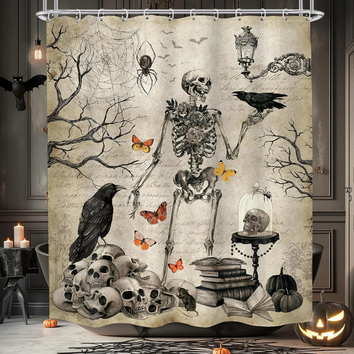 Gothic skull shower curtain featuring a detailed design of skulls, bats, spiders, and floral elements.