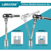 A set of nine metal wobble extension sockets shown with various insertion depths and an EVA storage tray.
