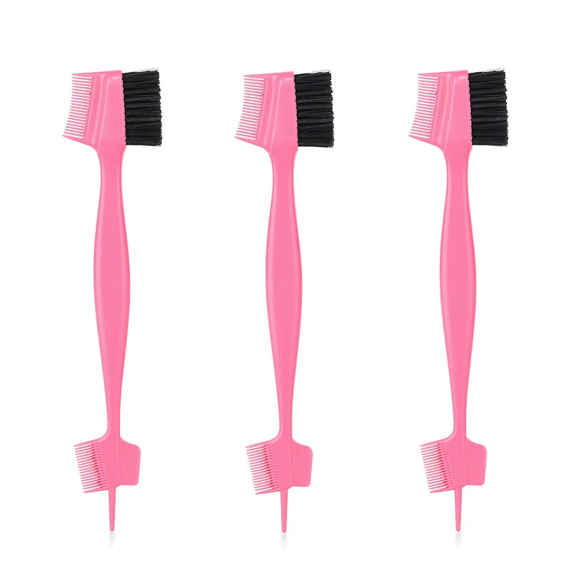 A set of three pink edge control brushes for hairlines and wigs shown vertically.