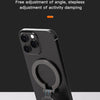 A black smartphone is shown with a magnetic ring holder and kickstand attached, demonstrating a folding mechanism.