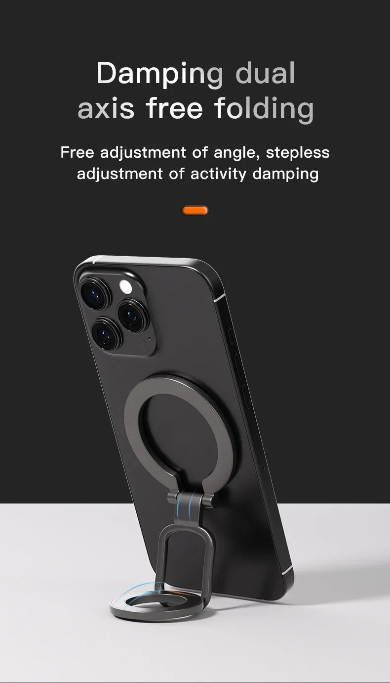 A black smartphone is shown with a magnetic ring holder and kickstand attached, demonstrating a folding mechanism.