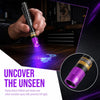 A hand holds a purple mini UV flashlight illuminating pet stains and invisible spots.