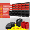 A set of 30 wall-mounted storage bins in red and black plastic, showing various sizes for organization.